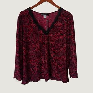 Studio Donatella Red Black Paisley Lace V-Neck Swing Top Y2K Baby Doll XL